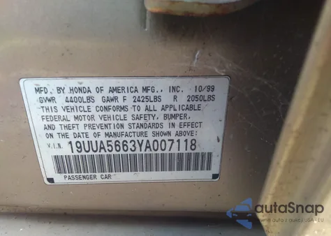 2000 Acura Tl 3.2 (A5) из США, поврежденный, VIN 19UUA5663YA007118